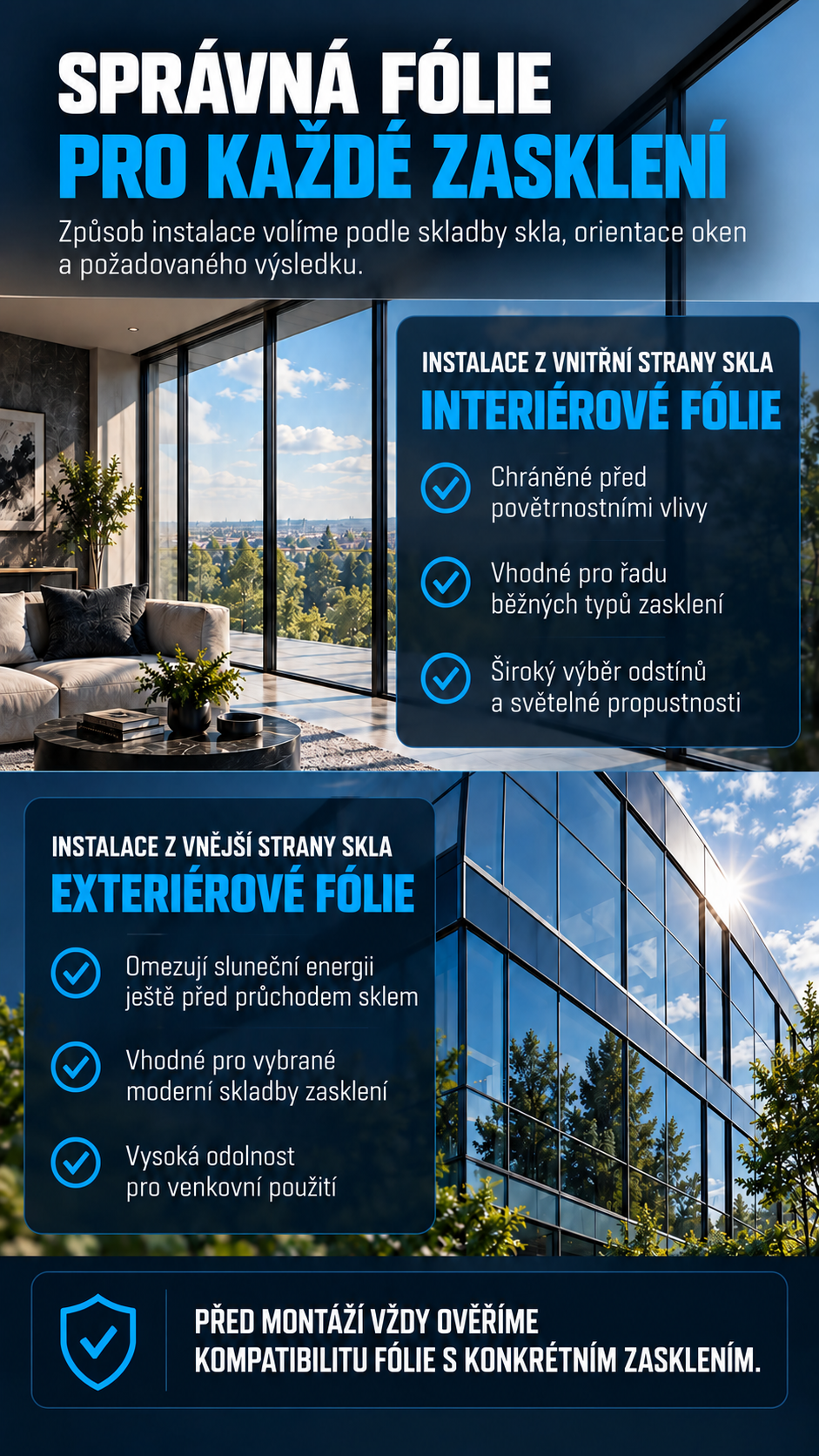 Porovnání instalace protislunečních fólií z vnitřní a vnější strany skla podle typu a skladby konkrétního zasklení.