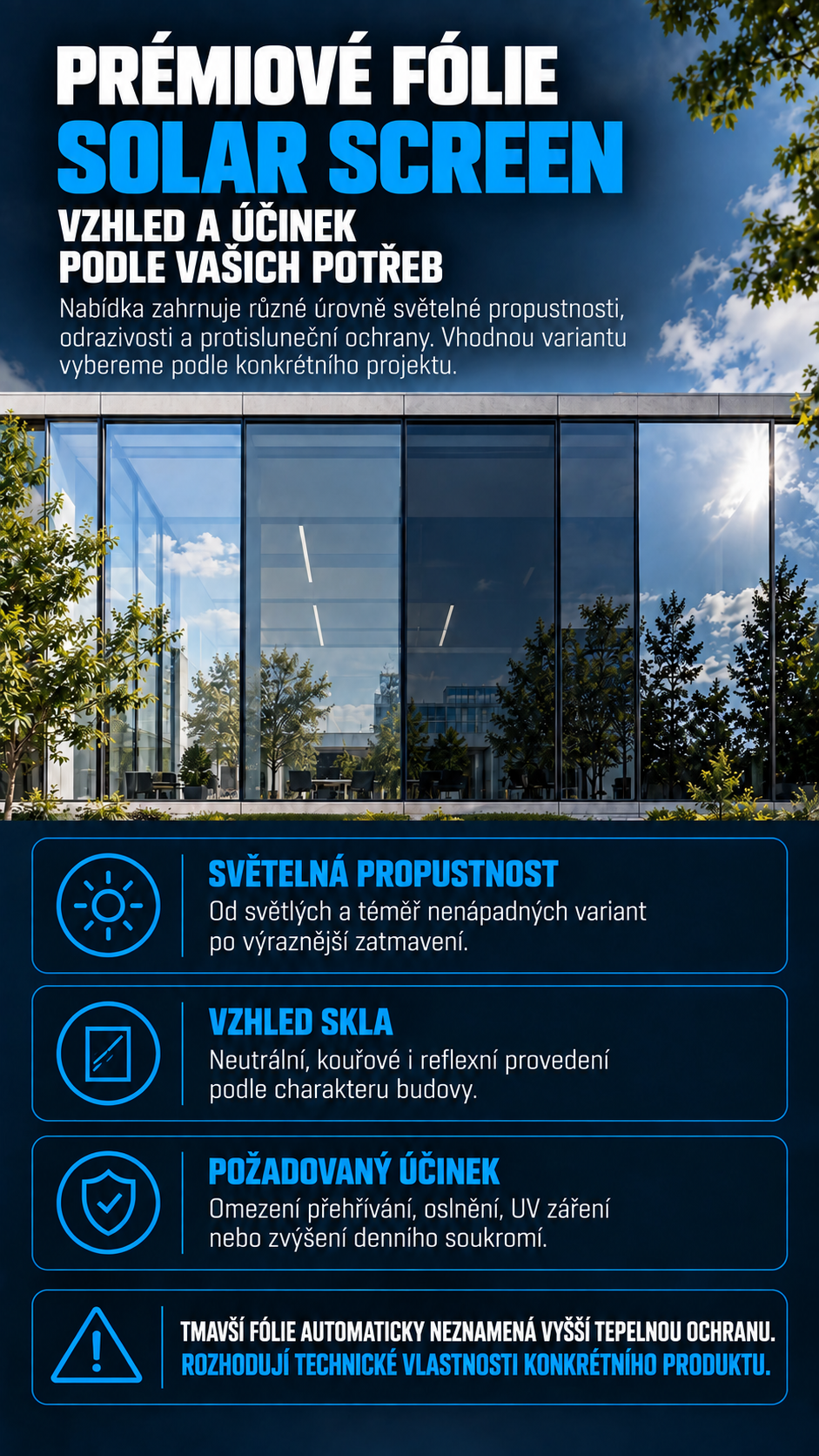 Výběr fólie Solar Screen podle světelné propustnosti, vzhledu skla a požadované ochrany před teplem, oslněním a UV zářením.