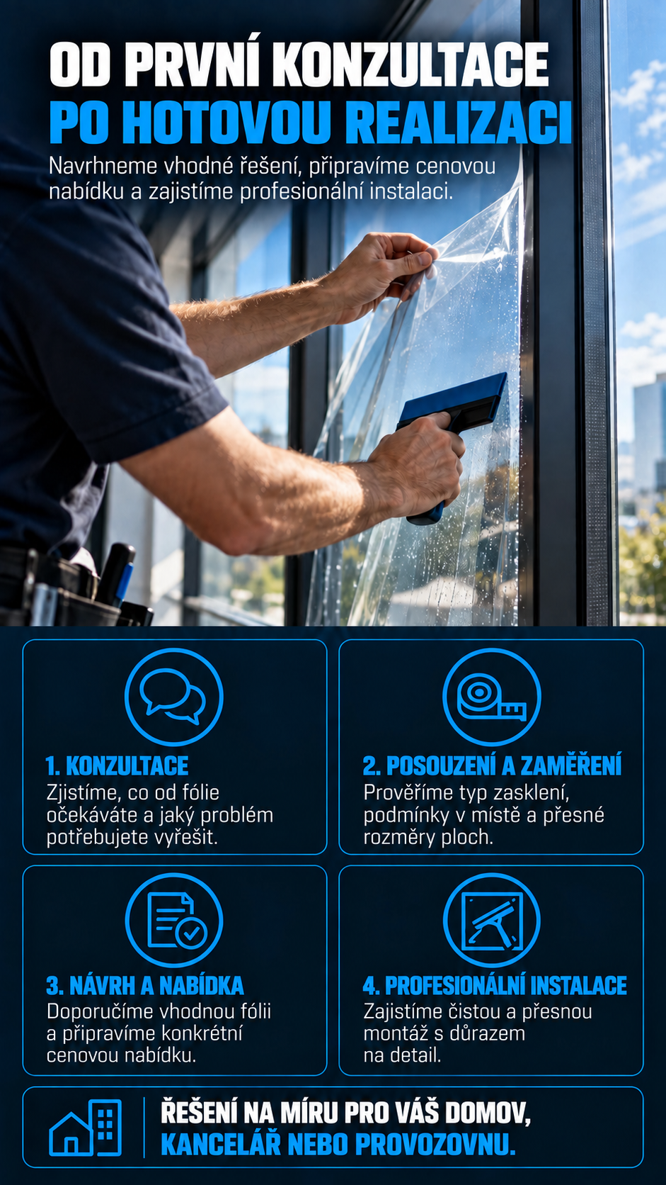 Realizace zahrnuje konzultaci, posouzení a zaměření skla, návrh vhodné fólie, cenovou nabídku a profesionální instalaci.