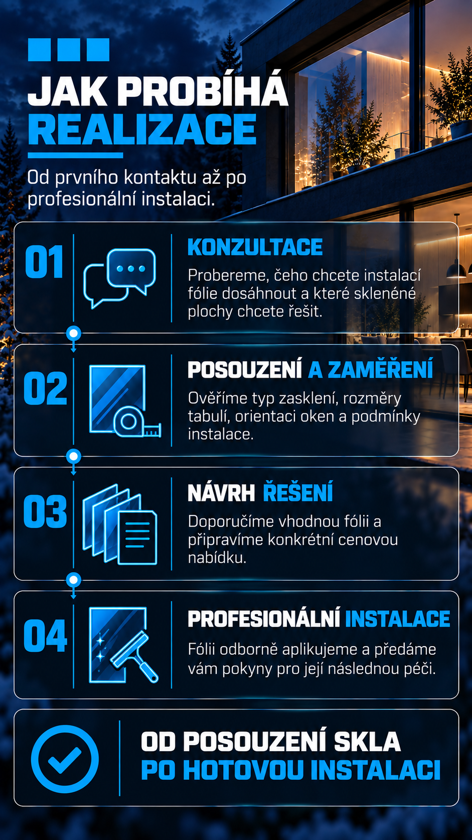 Realizace zahrnuje konzultaci, posouzení a zaměření skla, návrh vhodného řešení a profesionální instalaci fólie.