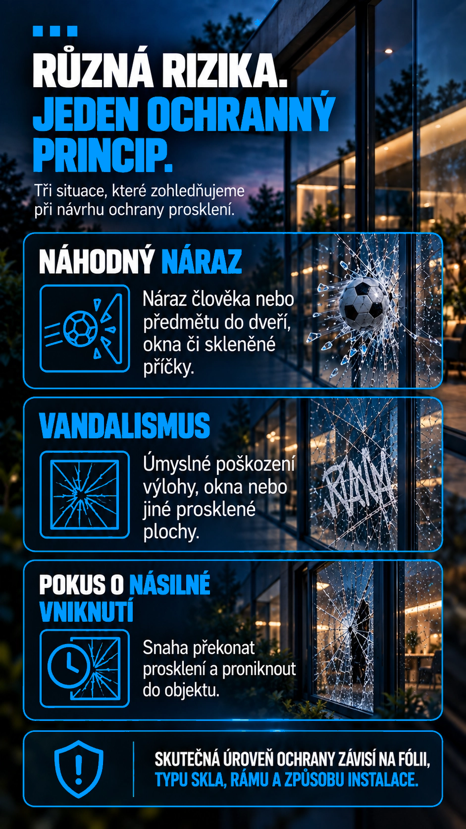 Bezpečnostní fólie pomáhají omezit následky nárazu a vandalismu a mohou ztížit násilné vniknutí.