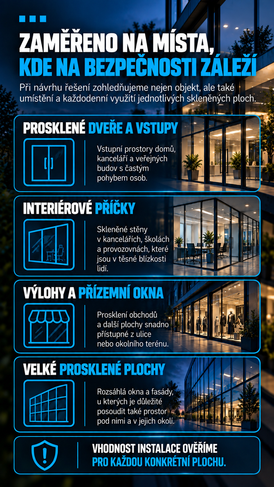 Použití bezpečnostních fólií na prosklené dveře, interiérové příčky, výlohy a velké skleněné plochy.