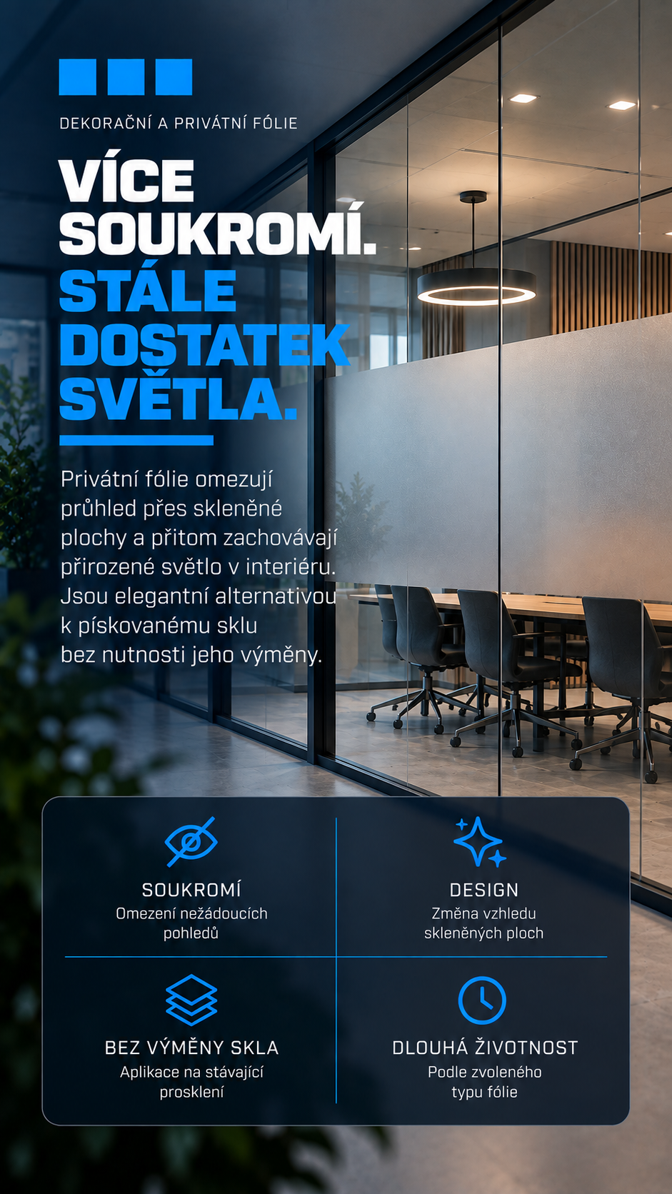 Matná privátní fólie na prosklené zasedací místnosti se zachováním denního světla
