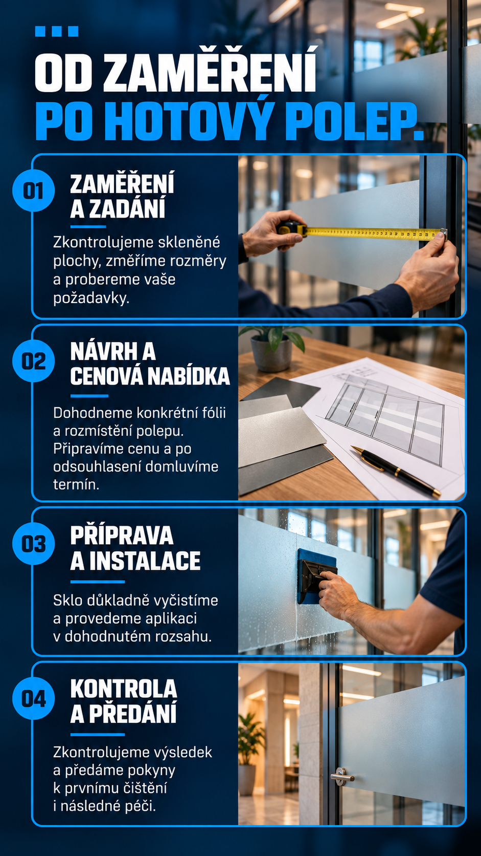 Zaměření, návrh a profesionální instalace dekorační fólie na skleněné plochy