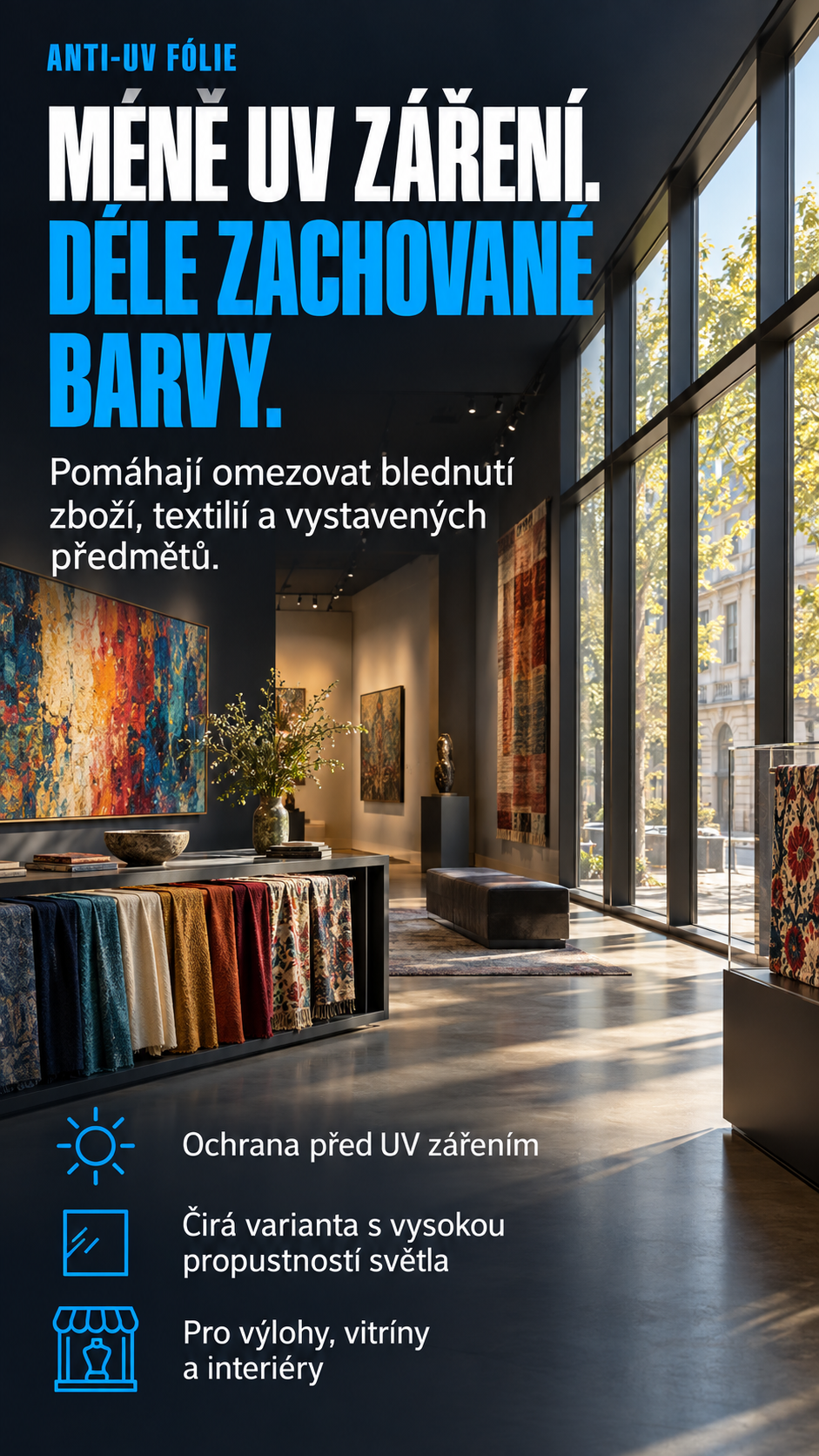 Čiré Anti-UV fólie pomáhají omezovat blednutí zboží, textilií a vystavených předmětů při zachování vysoké propustnosti světla.
