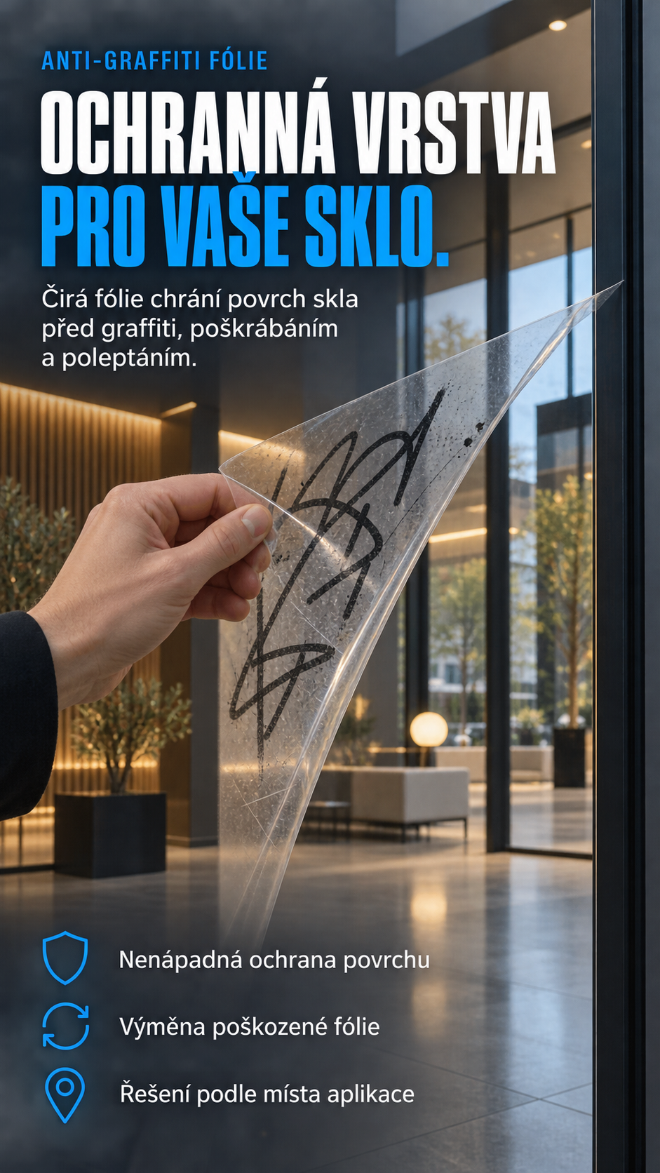 Odstranění poškozené anti-graffiti fólie ze skla. Vyměnitelná čirá vrstva chrání povrch před graffiti, poškrábáním a poleptáním.