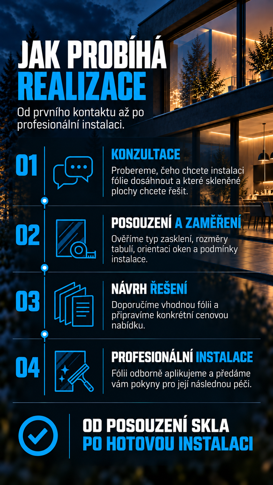 Realizace zahrnuje konzultaci, posouzení a zaměření skla, návrh vhodného řešení a profesionální instalaci fólie.