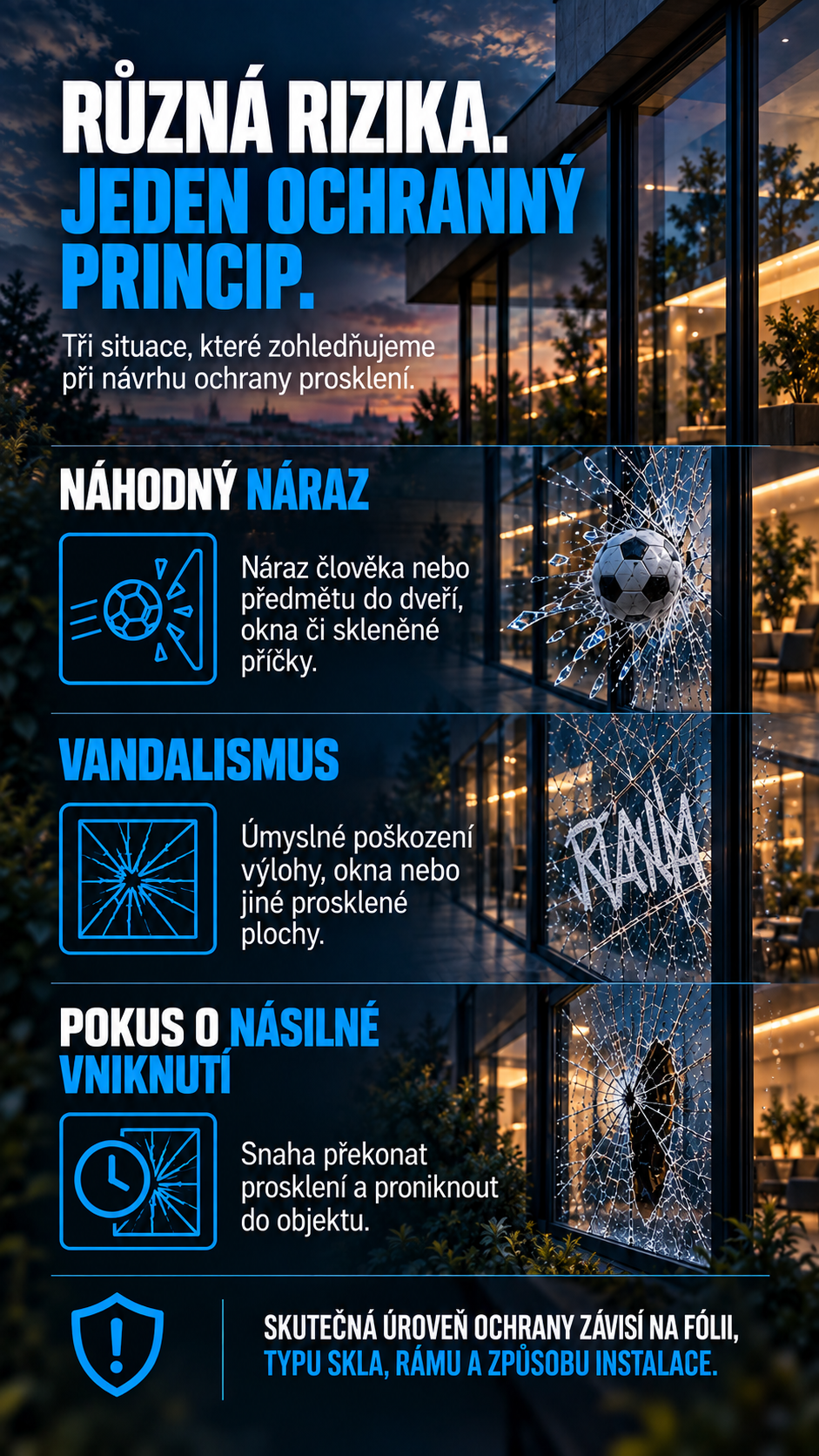 Bezpečnostní fólie pomáhají omezit následky nárazu a vandalismu a mohou ztížit násilné vniknutí.