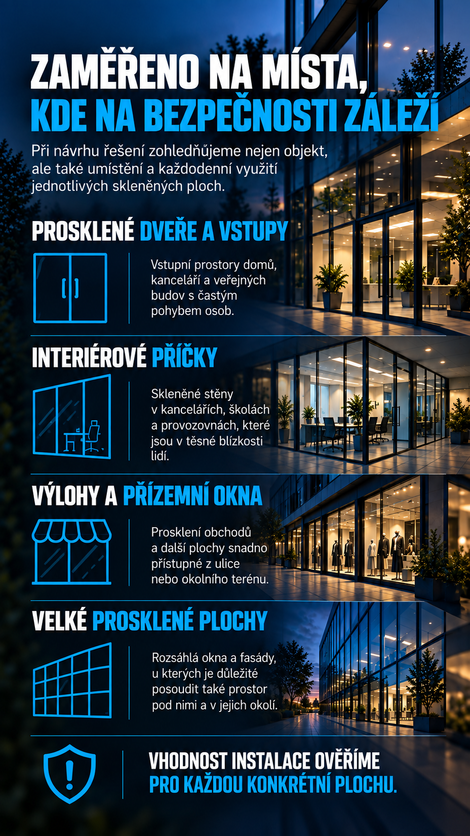 Použití bezpečnostních fólií na prosklené dveře, interiérové příčky, výlohy a velké skleněné plochy.