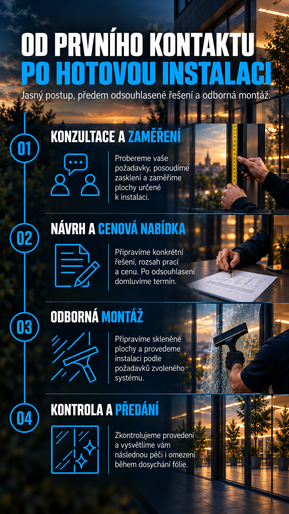 Instalace bezpečnostních fólií krok za krokem: konzultace, zaměření, cenová nabídka, montáž a předání.