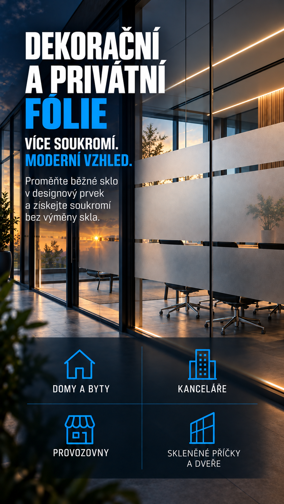 Dekorační a privátní fólie na skleněné příčce v moderní kanceláři