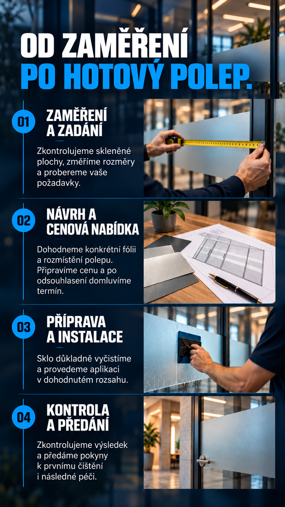 Zaměření, návrh a profesionální instalace dekorační fólie na skleněné plochy