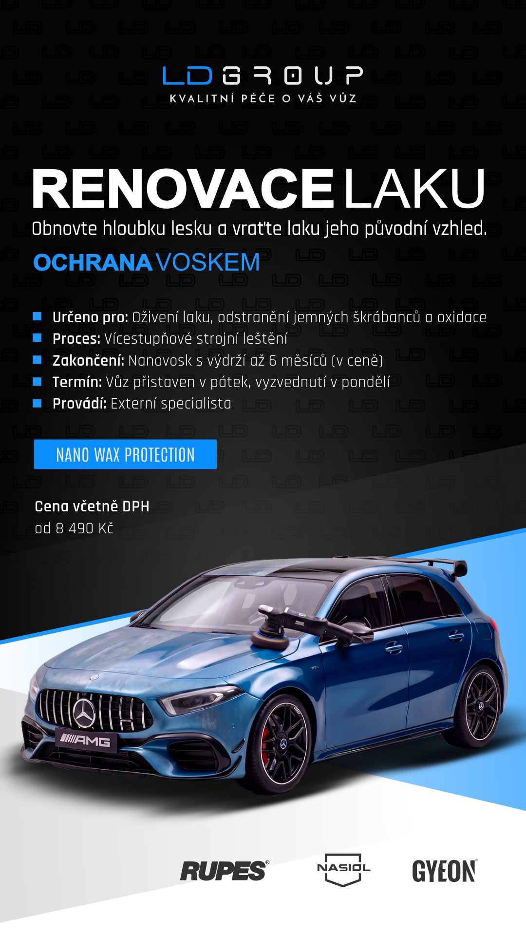 Vícestupňové strojní leštění laku pro odstranění jemných škrábanců a oxidace, obnovu lesku a následnou ochranu nanovoskem.