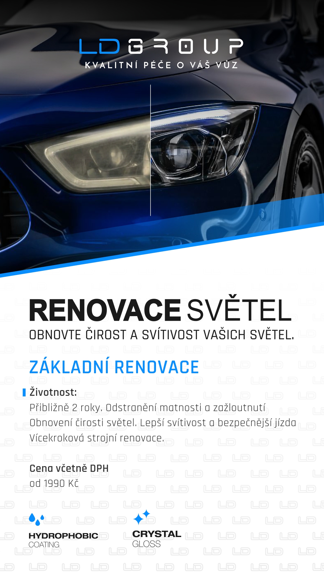 Renovace světlometů – obnova čirosti a ochrana povrchu, LD Group Cheb.