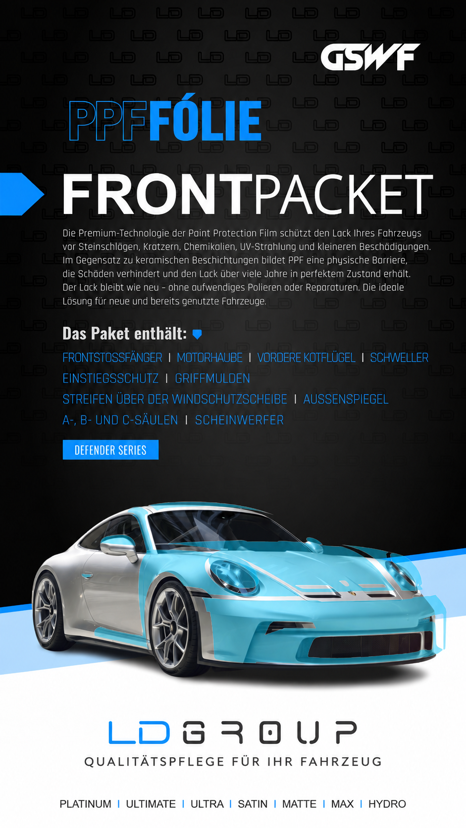 PPF Front Paket – Lackschutzfolie für Frontstoßfänger, Motorhaube, Kotflügel und weitere gefährdete Bereiche