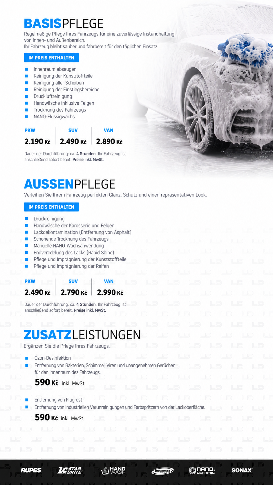 Fahrzeugpflege bei LD Group – Basispflege, Außenpflege und Zusatzleistungen mit Preisen