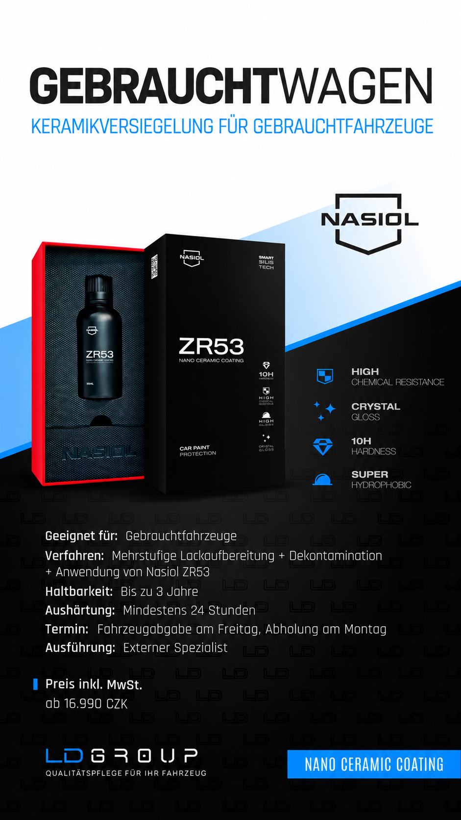 Keramikversiegelung für Gebrauchtwagen mit Lackaufbereitung und Nasiol ZR53 bei LD Group