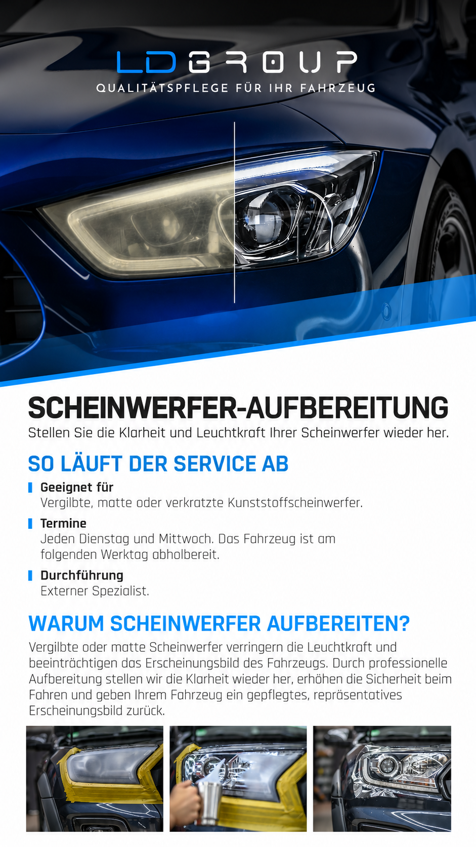 Ablauf der Scheinwerfer-Aufbereitung – Vorher, Renovationsprozess und Ergebnis bei LD Group