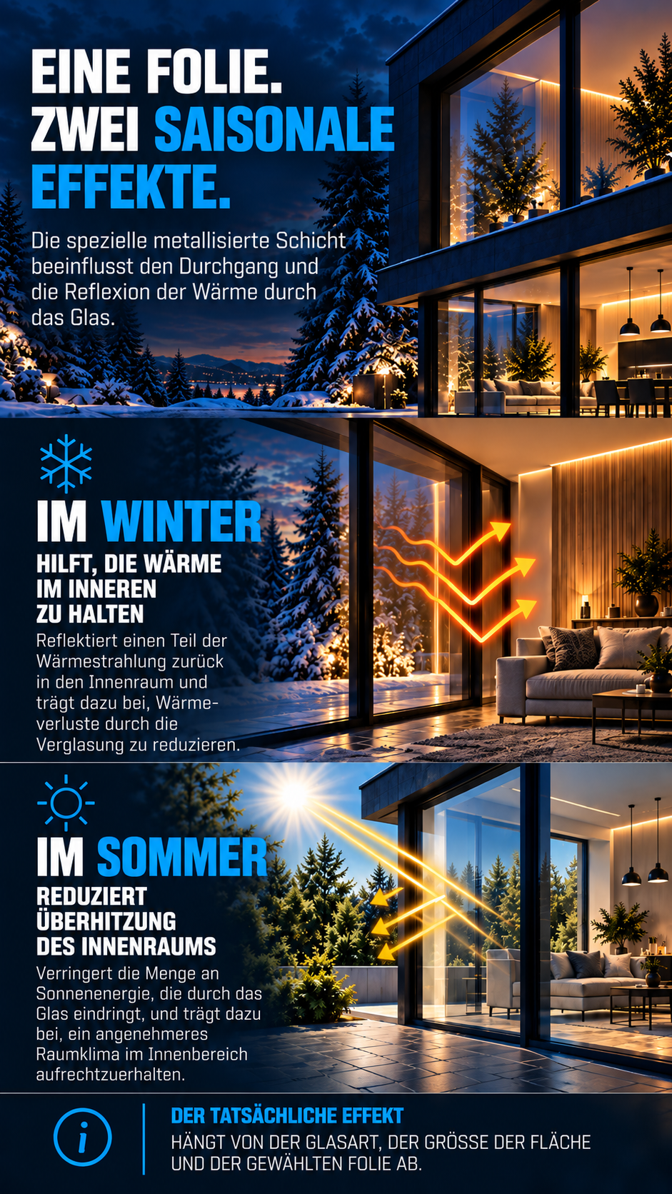 Im Winter hilft die Folie, die Wärme im Innenraum zu halten, im Sommer reduziert sie das Eindringen von Sonnenenergie und die Überhitzung der Räume.