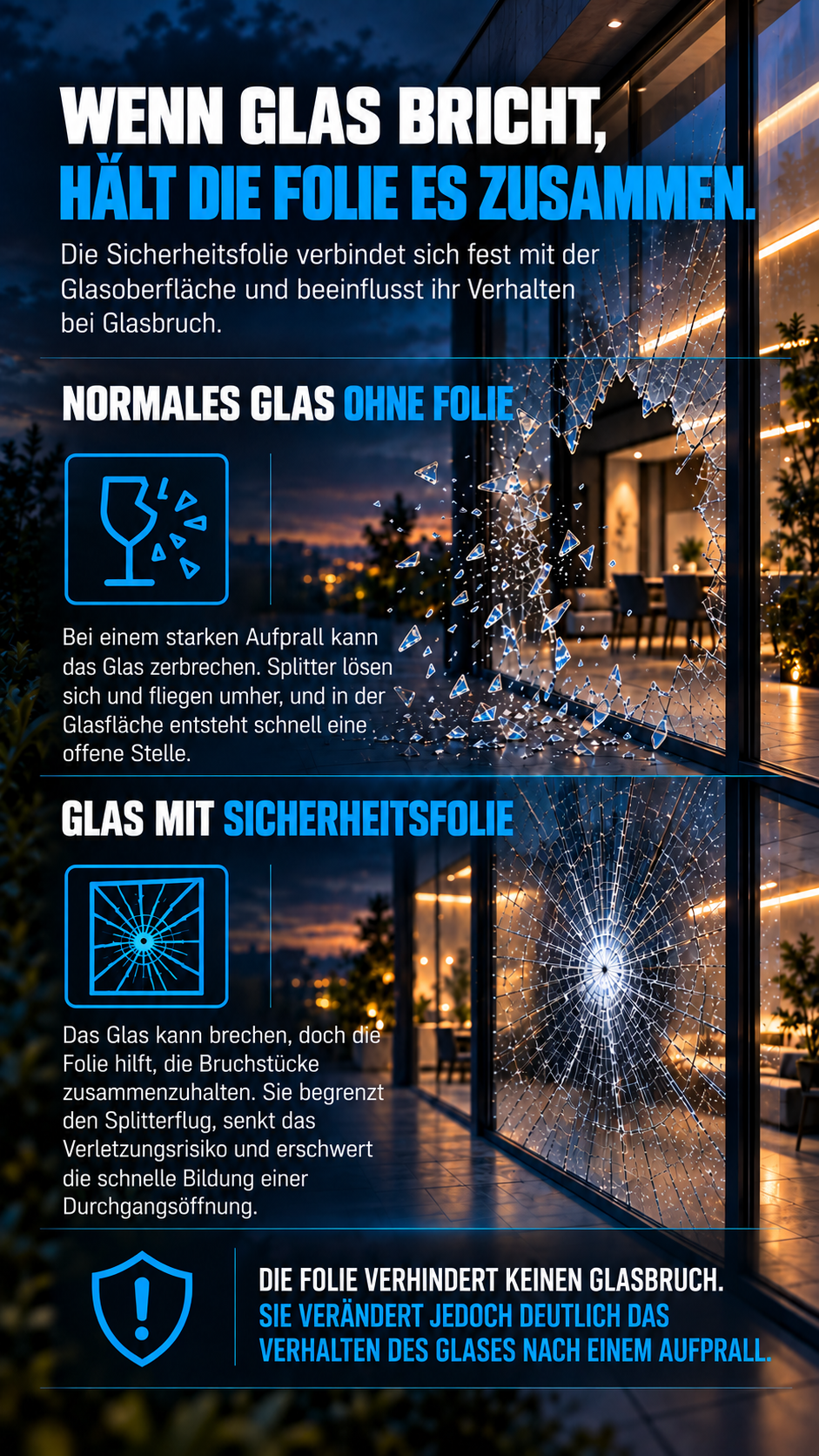 Bei Glasbruch hält die Sicherheitsfolie die Glassplitter zusammen und hilft, Personen und Innenräume vor Verletzungen und Schäden zu schützen.