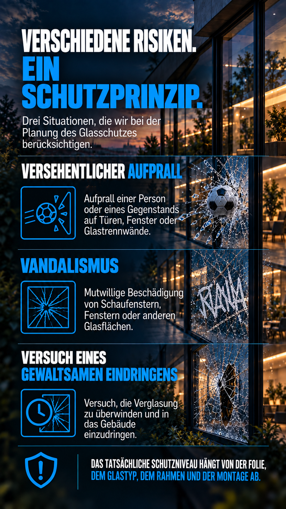 Sicherheitsfolien erschweren das schnelle Durchdringen der Verglasung und können unbefugtes Eindringen in Gebäude verzögern.