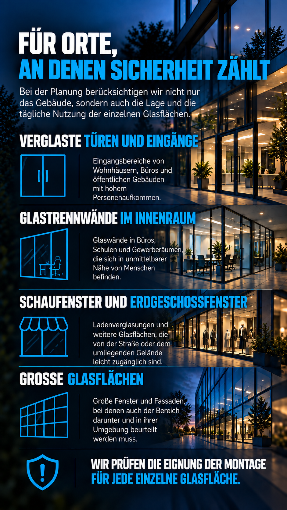 Geeignet für Fenster, Glastüren, Schaufenster und andere Glasflächen in Häusern, Büros, Geschäften und gewerblichen Objekten.