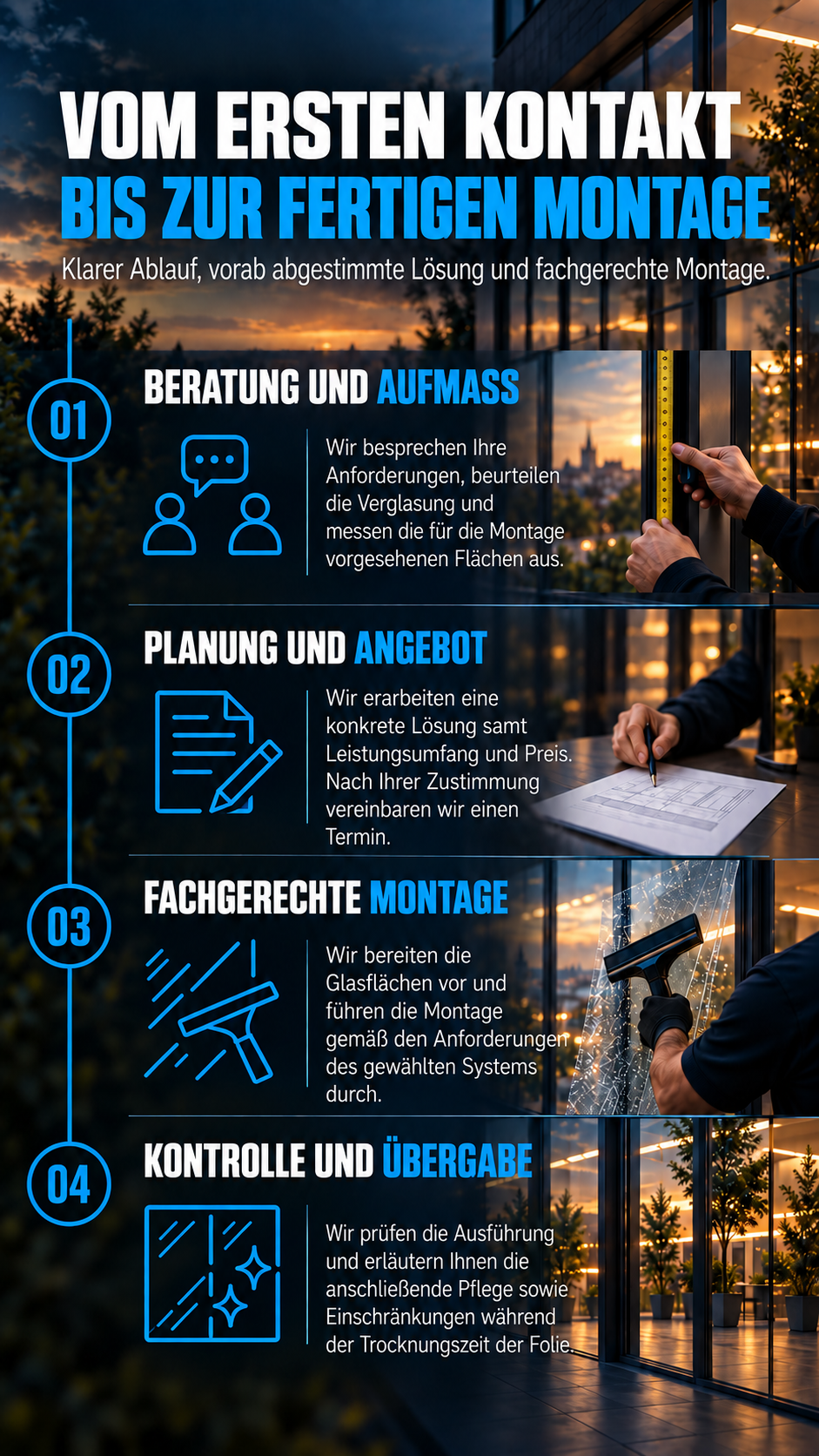 Die Umsetzung umfasst Beratung, Beurteilung und Aufmaß der Glasflächen, Auswahl der passenden Sicherheitsfolie und professionelle Montage.