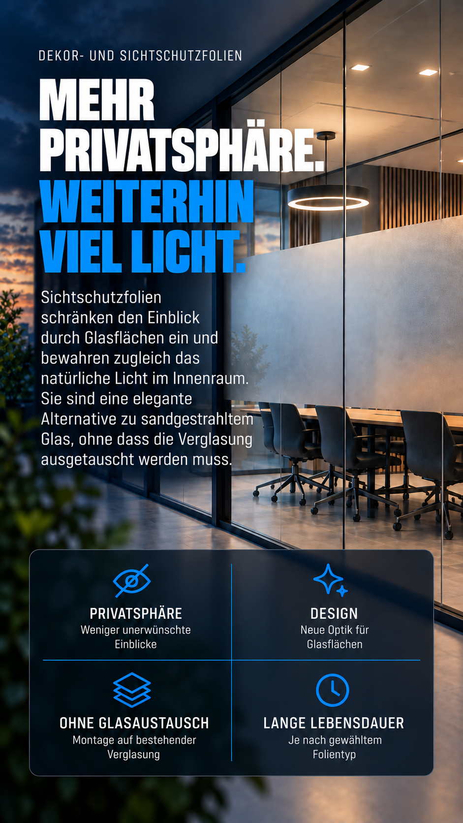 Matte Sichtschutzfolie auf einem verglasten Besprechungsraum bei Erhalt des natürlichen Tageslichts