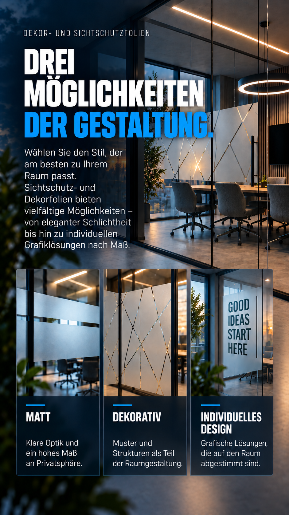 Beispiele für matte, dekorative und individuell gestaltete Folien für Glasflächen