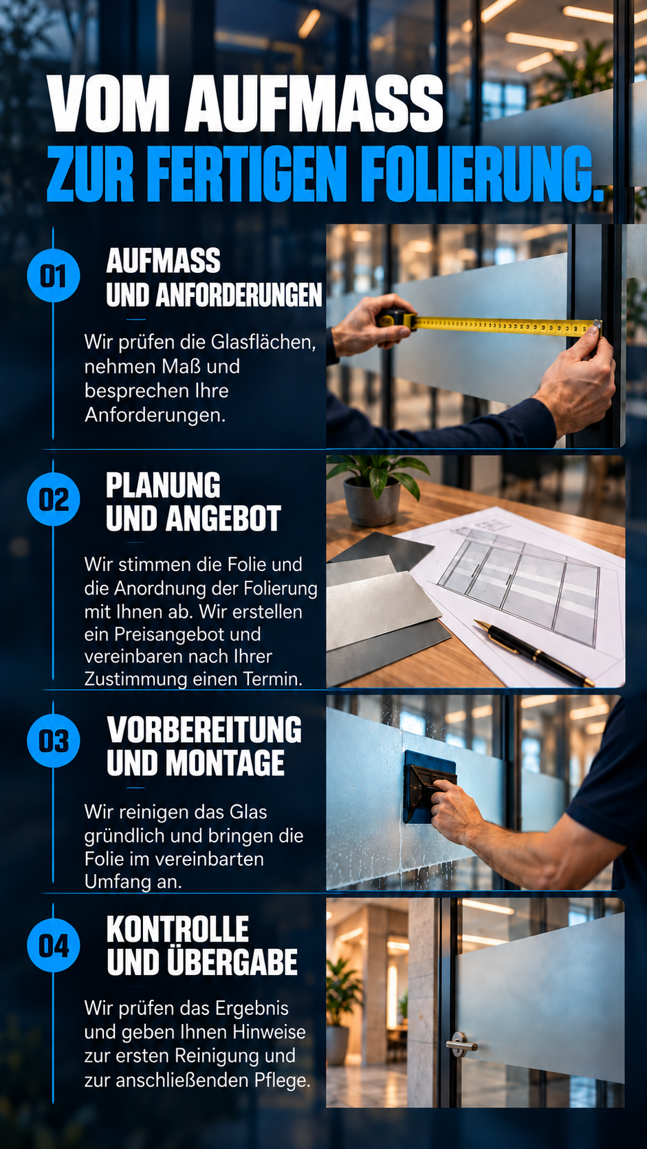 Aufmaß, Gestaltung und professionelle Montage von Dekorfolien auf Glasflächen