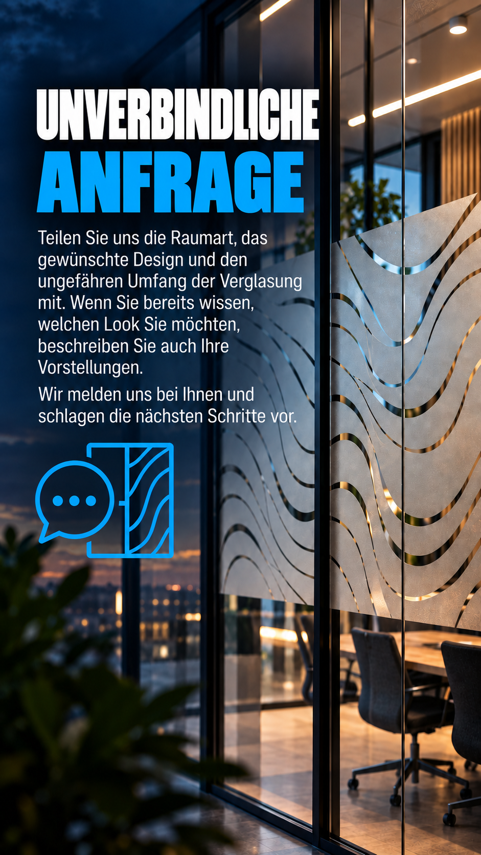 Designfolie auf einer Glastrennwand als Bestandteil eines modernen Innenraums