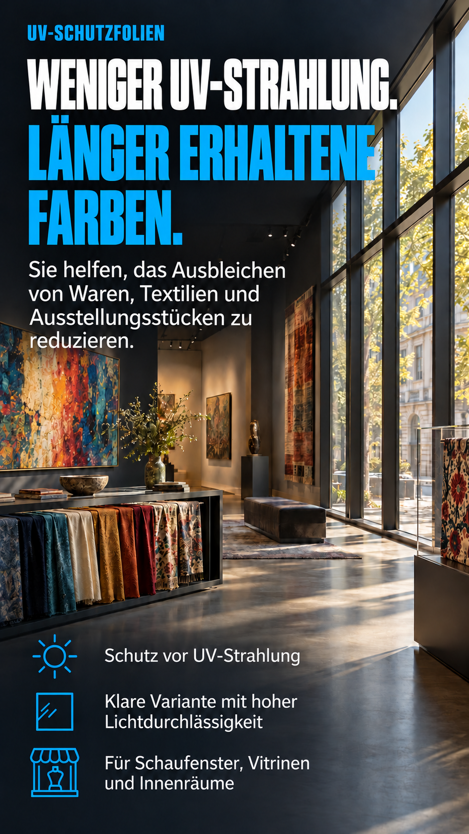 Anti-UV-Folien schützen Innenräume, Waren und Einrichtung vor schädlicher UV-Strahlung und vor dem Ausbleichen