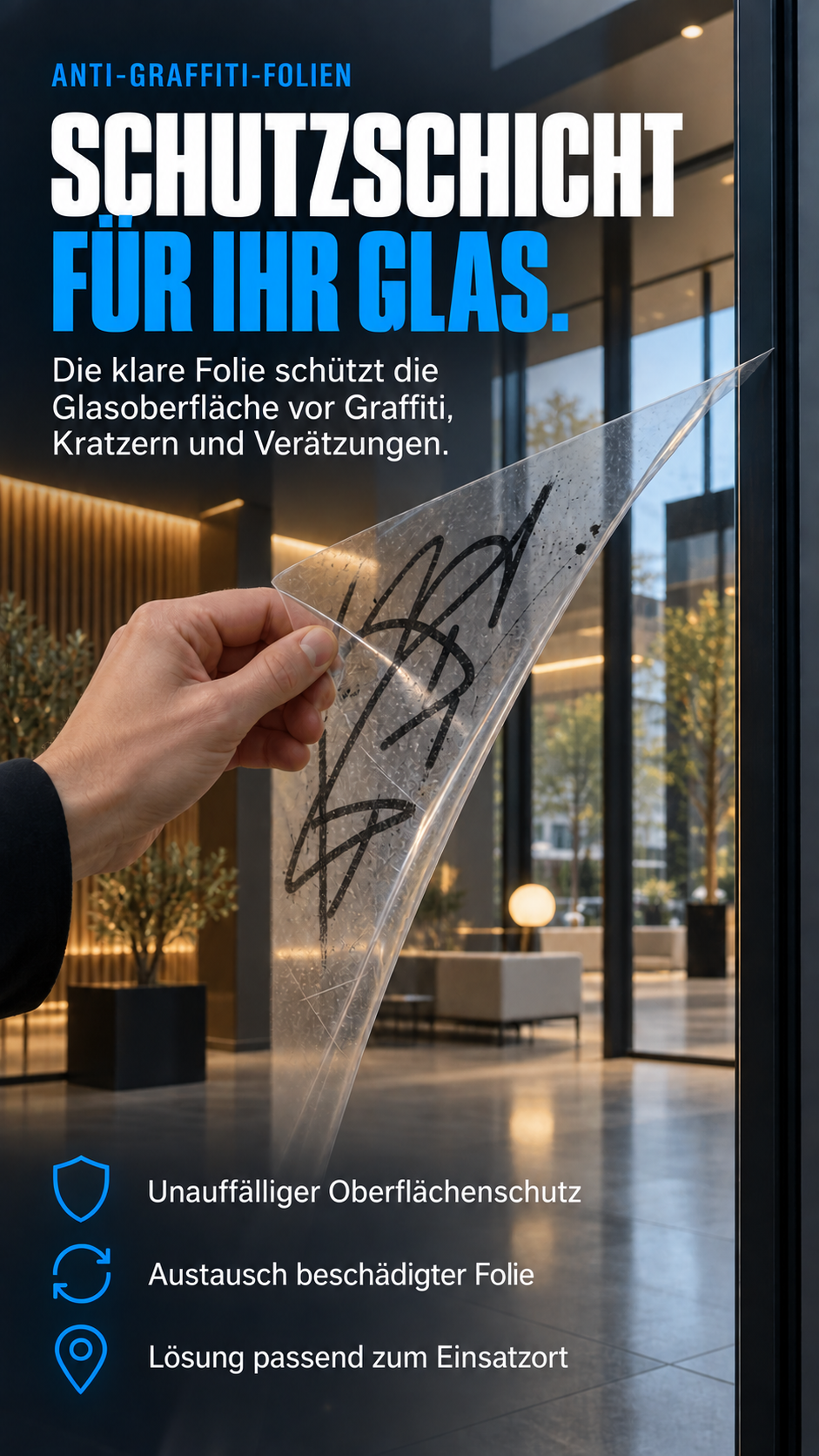 Anti-Graffiti-Folien schützen Glasflächen vor Kratzern, Vandalismus und Beschädigungen
