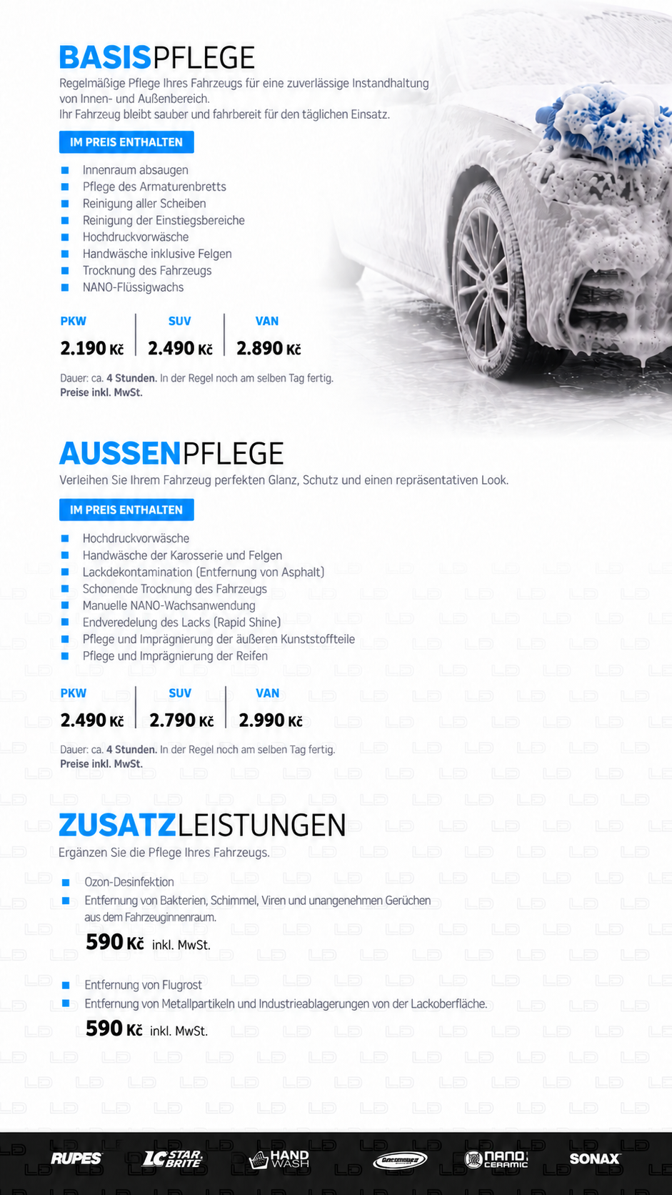 Fahrzeugpflege bei LD Group – Basispflege, Außenpflege und Zusatzleistungen mit Preisen
