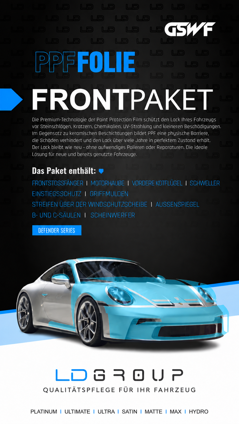 PPF Front Paket – Lackschutzfolie für Frontstoßfänger, Motorhaube, Kotflügel und weitere gefährdete Bereiche