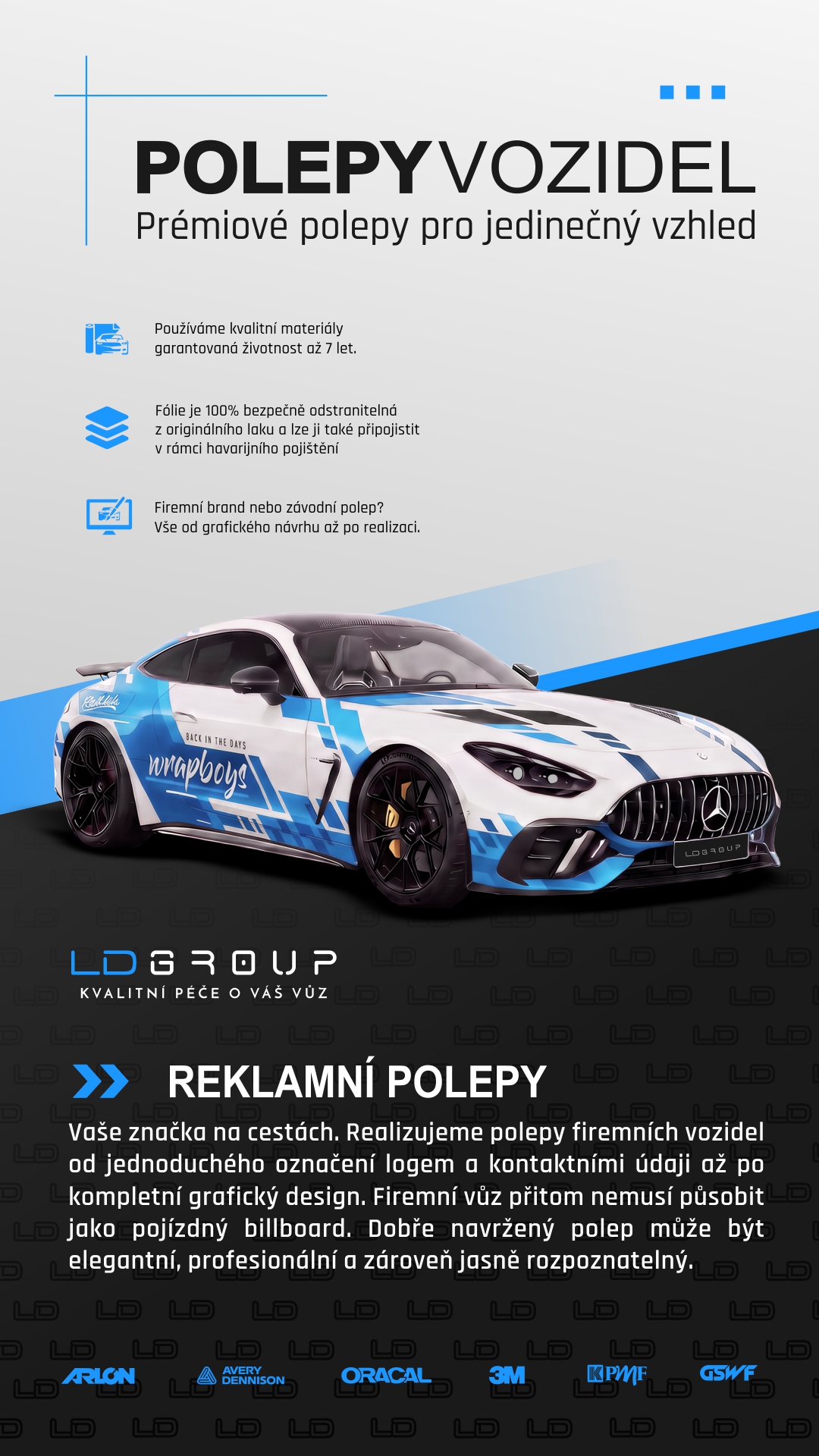 Reklamní a firemní polepy vozidel LD Group v Chebu – individuální grafický návrh, profesionální aplikace a výrazný design vozu.